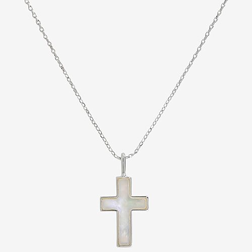 Sparkle Allure Womens White Mother Of Pearl Pure Silver Over Brass Cross 16 Inch Pendant Necklace, One Size