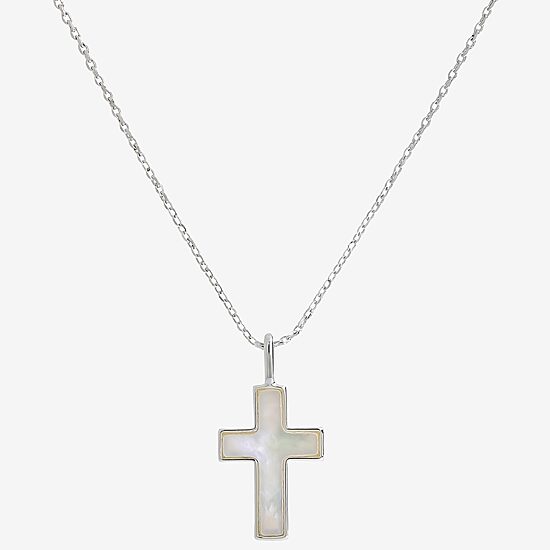 Sparkle Allure Womens White Mother Of Pearl Pure Silver Over Brass Cross 16 Inch Pendant Necklace