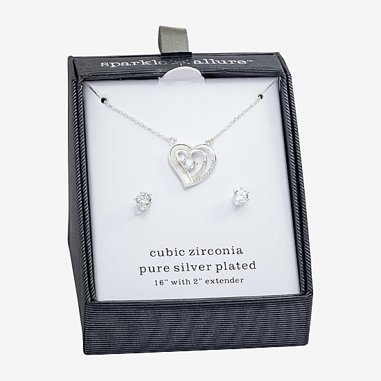 Sparkle Allure Womens Cubic Zirconia Pure Silver Over Brass Heart 2-pc. Jewelry Set