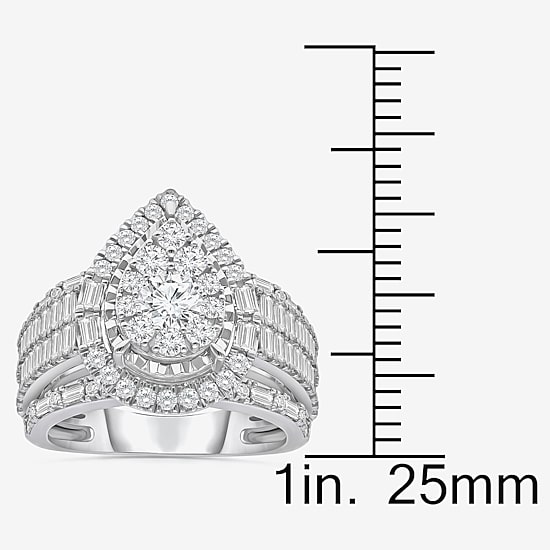 (I / I1) Womens 2 CT. T.W. Lab Grown White Diamond 10K Gold Pear Side Stone Halo Engagement Ring