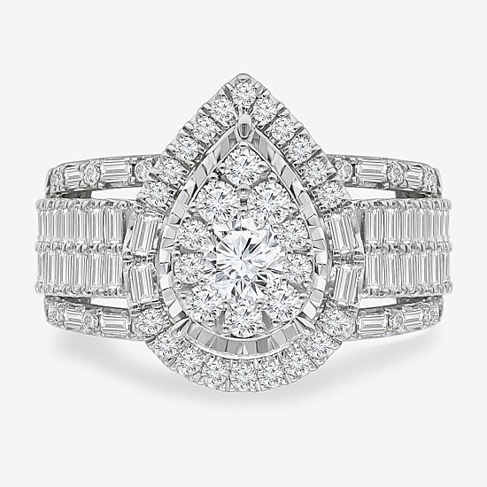 (I / I1) Womens 2 CT. T.W. Lab Grown White Diamond 10K Gold Pear Side Stone Halo Engagement Ring