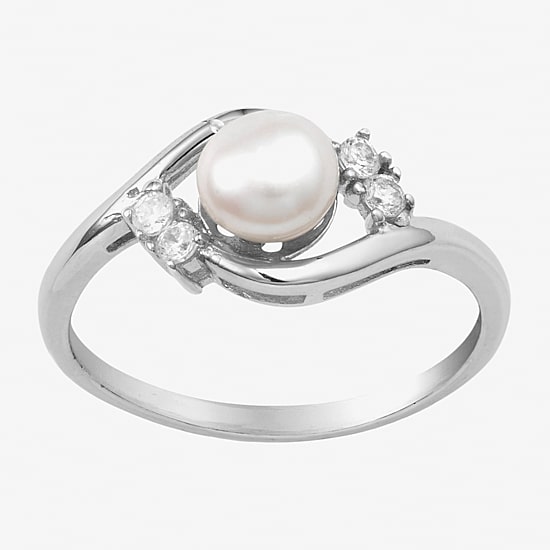 Silver Treasures Cultured Freshwater Pearl Womens White Cubic Zirconia Sterling Silver Delicate Bypass  Promise Ring