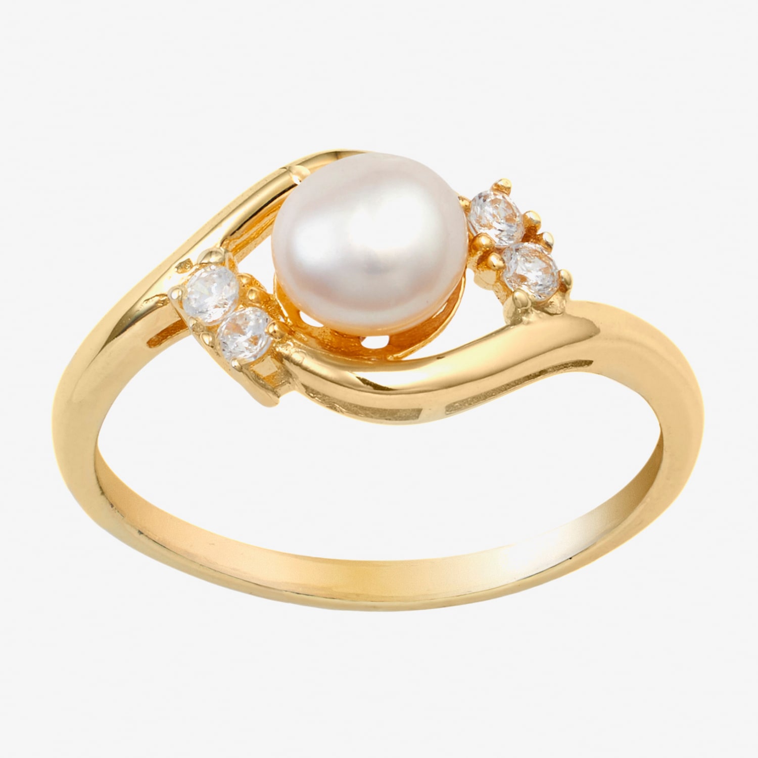 Silver Treasures Womens White Cultured Freshwater Pearl Cubic Zirconia 14K Gold Over Promise Ring