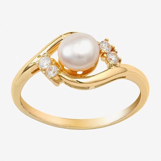 Silver Treasures Womens White Cultured Freshwater Pearl Cubic Zirconia 14K Gold Over Silver Promise Ring