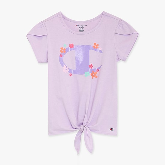 Champion Tie Front Big Kid Girls Round Neck Short Sleeve Regular Fit Graphic T-Shirt
