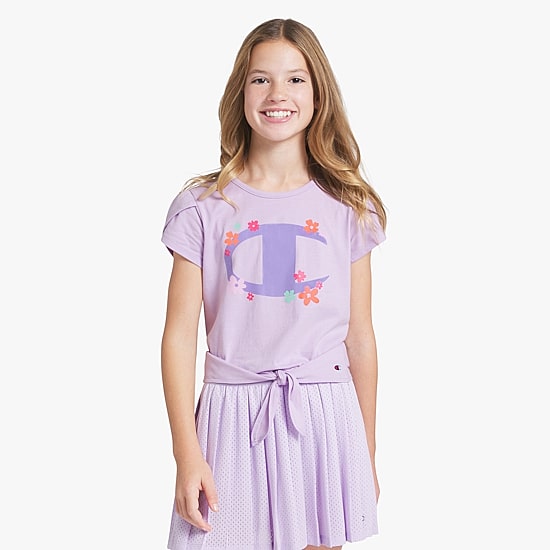 Champion Tie Front Big Kid Girls Round Neck Short Sleeve Regular Fit Graphic T-Shirt