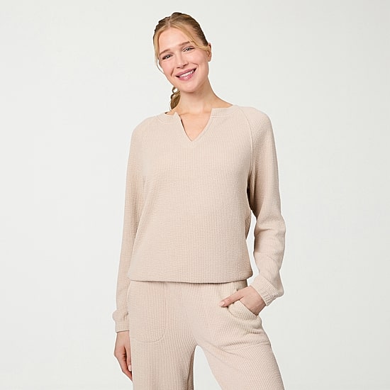 Free Country Womens V Neck Long Sleeve Rib Knit Pullover Sweater