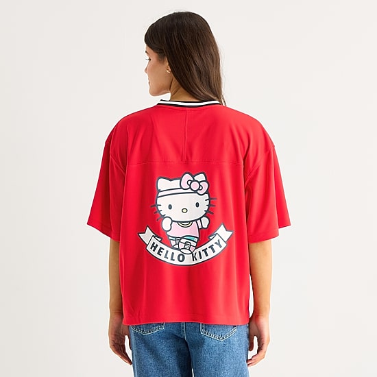 Womens Juniors V Neck Short Sleeve Hello Kitty Jersey