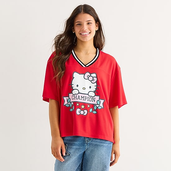 Womens Juniors V Neck Short Sleeve Hello Kitty Jersey
