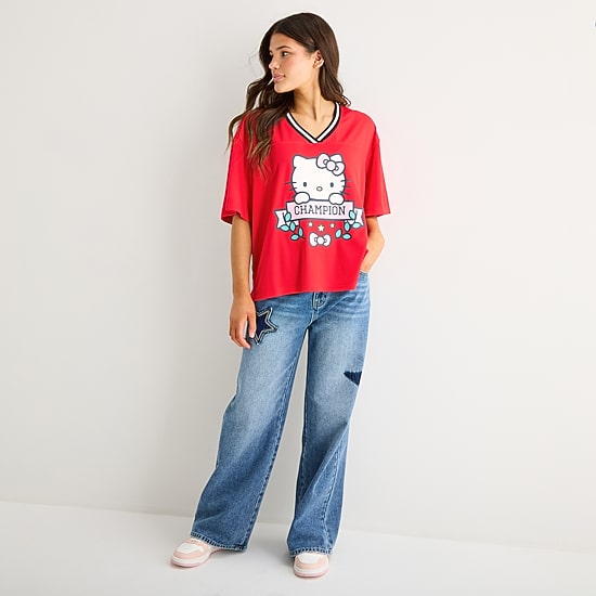 Womens Juniors V Neck Short Sleeve Hello Kitty Jersey