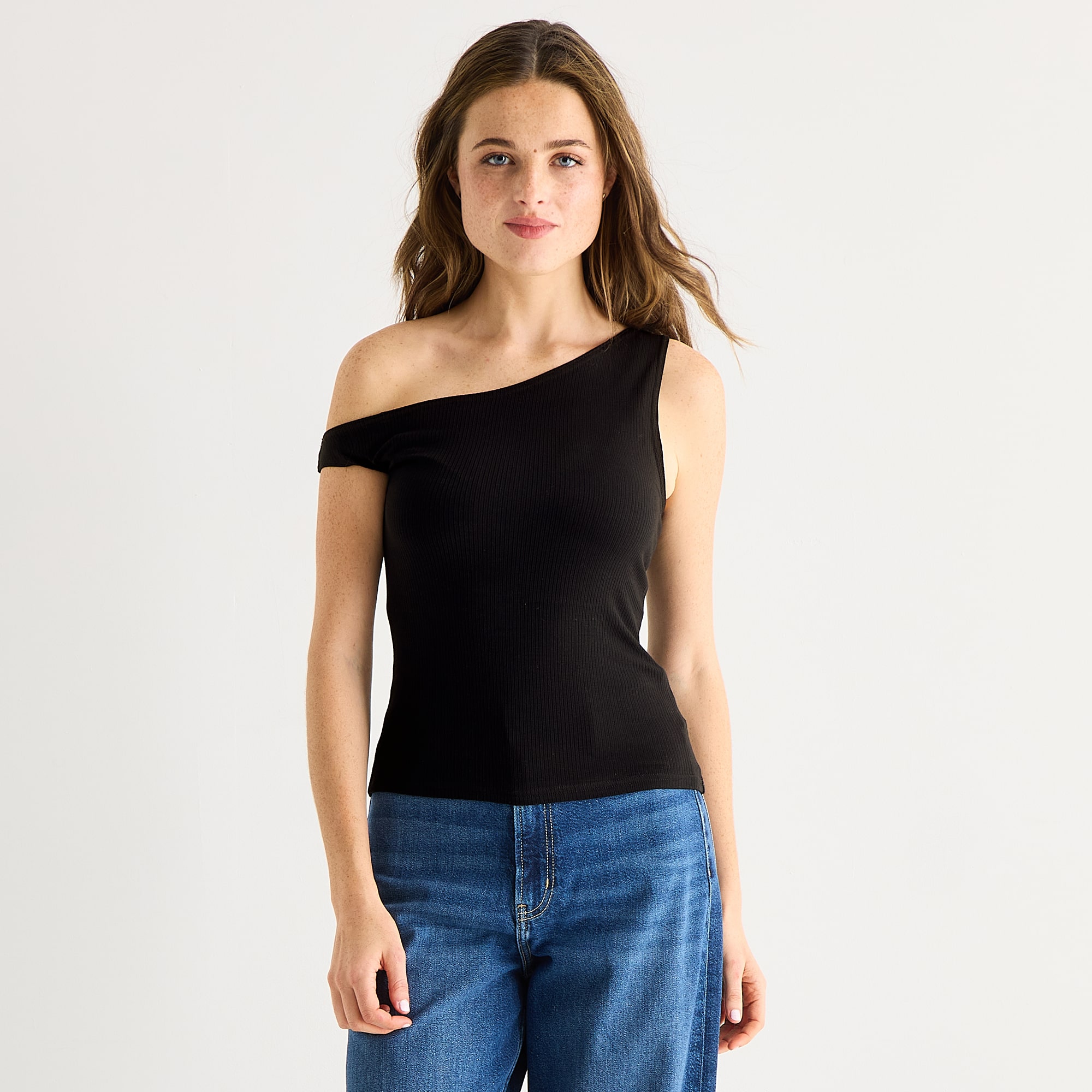 Arizona Womens Juniors Asymmetrical Neck Sleeveless T-Shirt