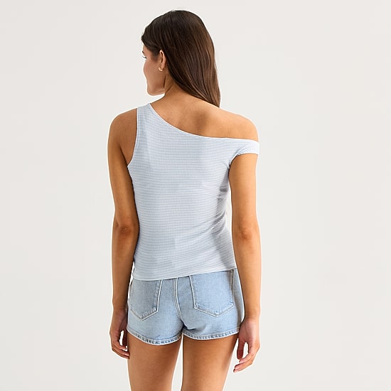 Arizona Womens Juniors Asymmetrical Neck Sleeveless T-Shirt