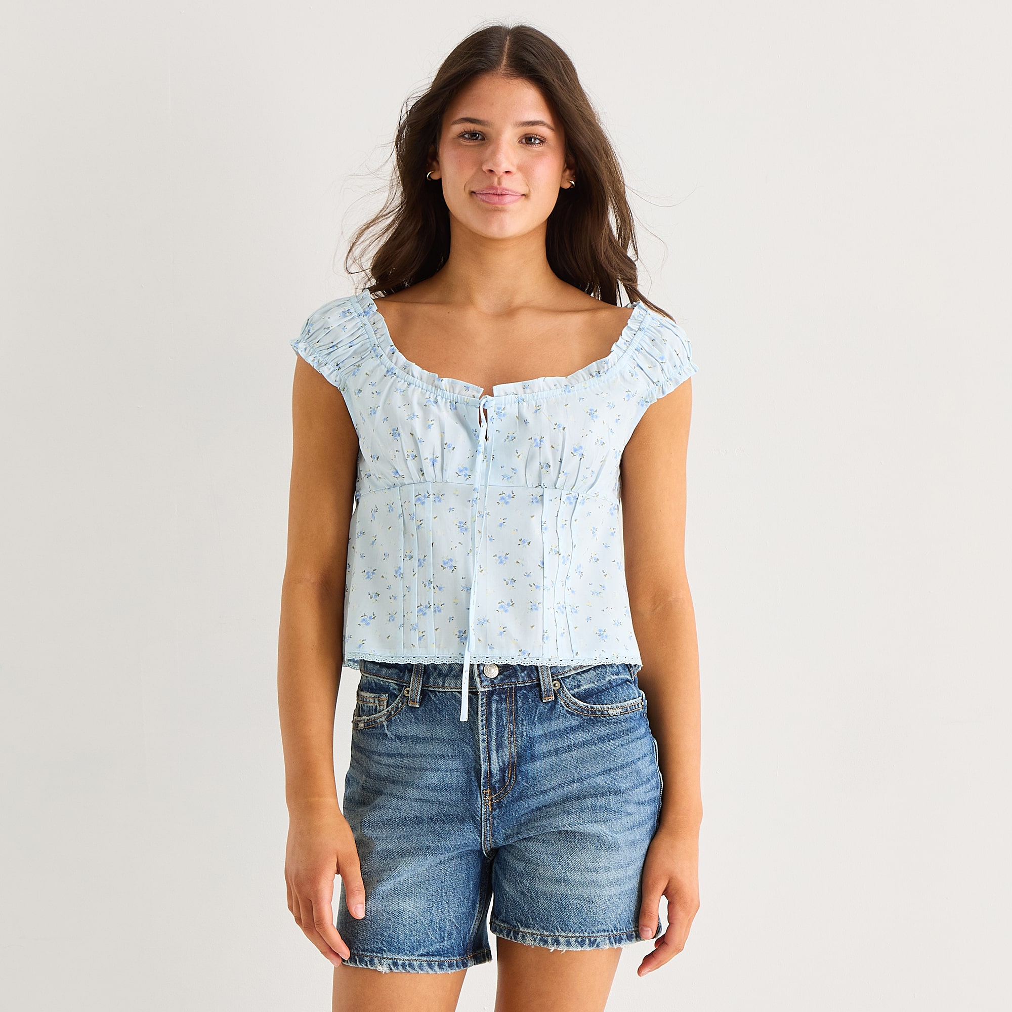Arizona Womens Juniors Square Neck Short Sleeve Babydoll Top