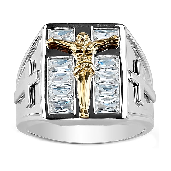 Mens Cubic Zirconia Sterling Silver Cross Fashion Ring