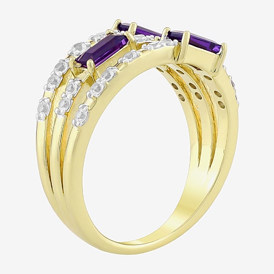 Womens Genuine Purple Amethyst 14K Gold Over Silver Side Stone Cocktail Ring