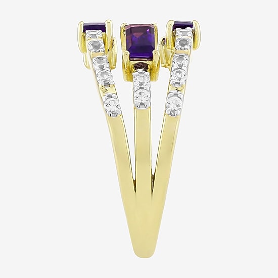 Womens Genuine Purple Amethyst 14K Gold Over Silver Side Stone Cocktail Ring