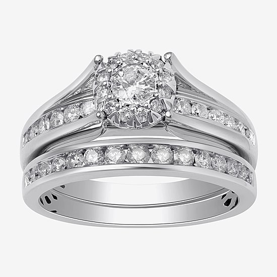 (G, Si2) Womens 1 CT. T.W. Lab Grown White Diamond 10K Gold Round Side Stone Halo Bridal Set
