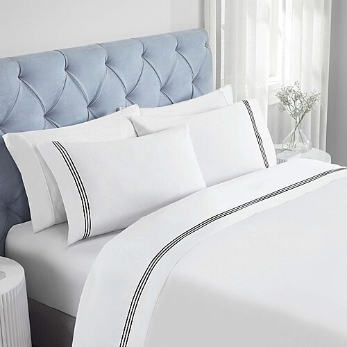 Superior Brandon Cotton Three-Line Embroidered Deep Pocket Bed Sheet Set, King - White-black