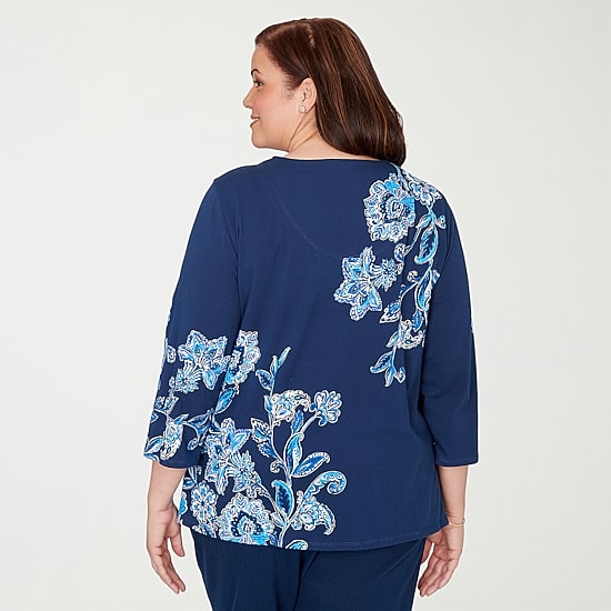 Alfred Dunner Mykonos Womens Split Crew Neck 3/4 Sleeve T-Shirt