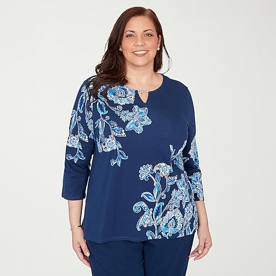 Alfred Dunner Mykonos Womens Split Crew Neck 3/4 Sleeve T-Shirt