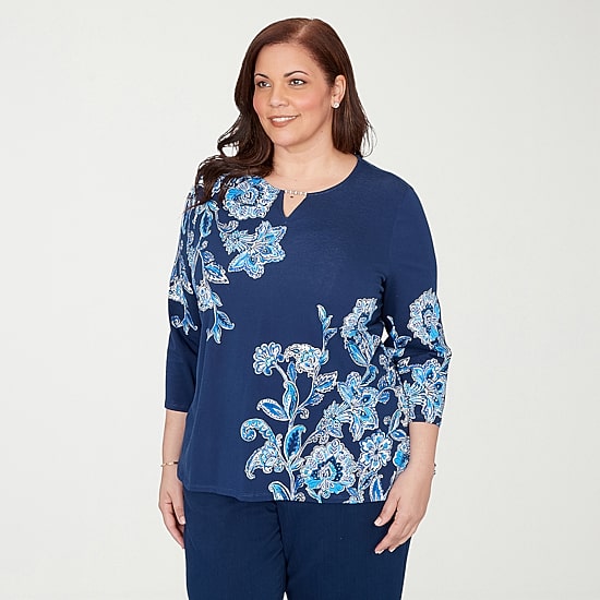 Alfred Dunner Mykonos Womens Split Crew Neck 3/4 Sleeve T-Shirt