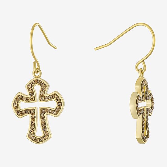 Silver Reflections Crystal 24K Gold Over Brass Cross Drop Earrings