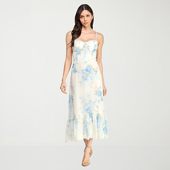 City Triangle Womens Juniors Midi Sweetheart Neck Sleeveless Floral A-Line Dress
