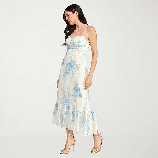 City Triangle Womens Juniors Midi Sweetheart Neck Sleeveless Floral A-Line Dress