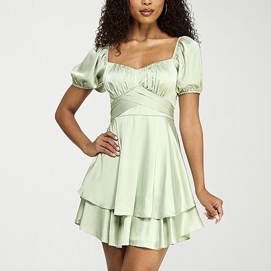 B. Smart Womens Juniors Sweetheart Neck Short Sleeve Puffed Fit + Flare Dress