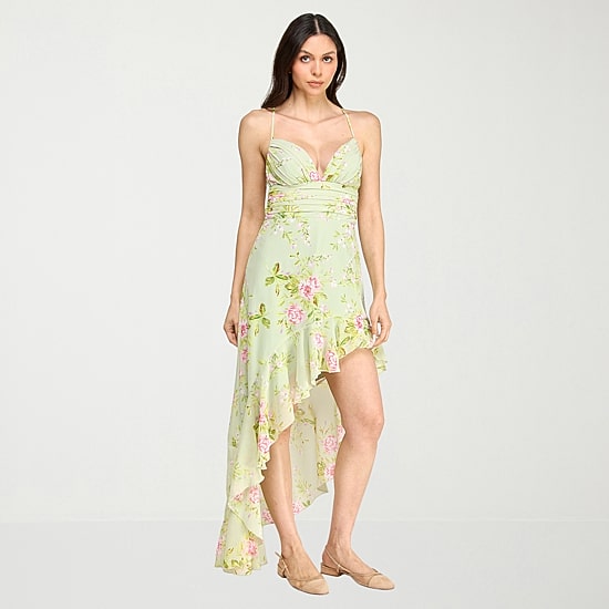 City Triangle Womens Juniors High-Low Sweetheart Neck Sleeveless Chiffon Floral Fit + Flare Dress