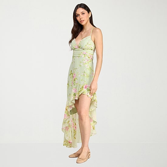 City Triangle Womens Juniors High-Low Sweetheart Neck Sleeveless Chiffon Floral Fit + Flare Dress