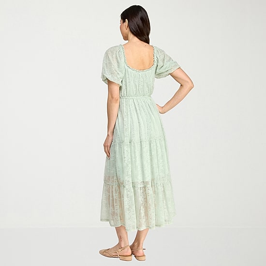 City Triangle Womens Juniors Sweetheart Neck Short Sleeve Puffed Lace Fit + Flare Dress