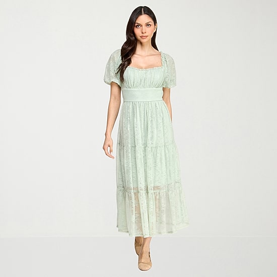 City Triangle Womens Juniors Sweetheart Neck Short Sleeve Puffed Lace Fit + Flare Dress