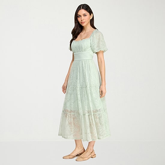 City Triangle Womens Juniors Sweetheart Neck Short Sleeve Puffed Lace Fit + Flare Dress