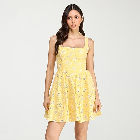 City Triangle Womens Juniors Straight Neck Sleeveless Embroidered Fit + Flare Dress
