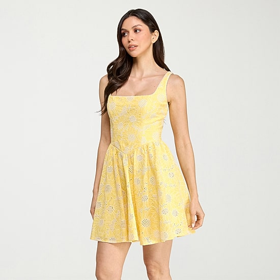 City Triangle Womens Juniors Straight Neck Sleeveless Embroidered Fit + Flare Dress