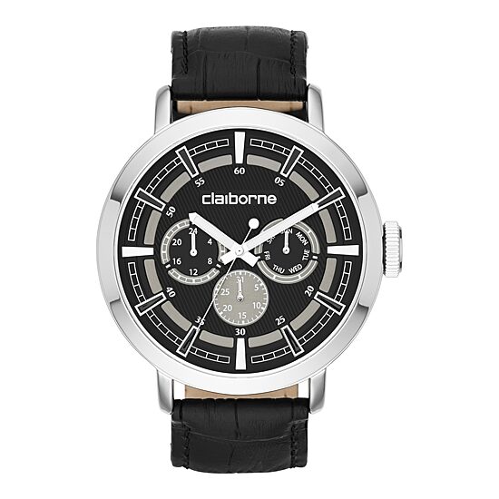 Claiborne® Mens Black Leather Strap Multifunction Watch