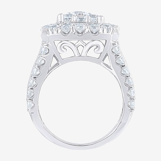 (G/Si2) Womens 4 CT. T.W. Lab Grown White Diamond 10K Gold Cushion Halo Side Stone Cocktail Ring