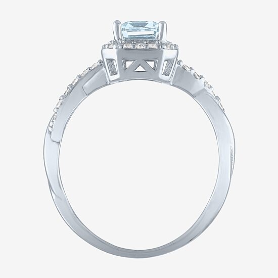 Womens Genuine Blue Aquamarine Sterling Silver Halo Side Stone Cocktail Ring