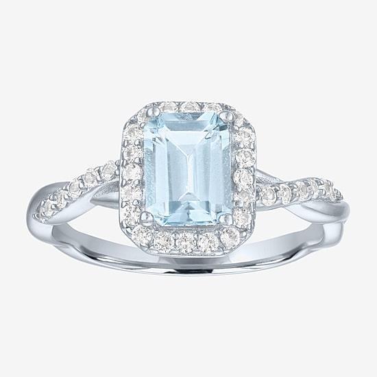 Womens Genuine Blue Aquamarine Sterling Silver Halo Side Stone Cocktail Ring