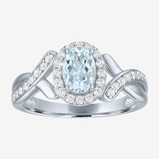 Womens Genuine Blue Aquamarine Sterling Silver Oval Halo Side Stone Cocktail Ring