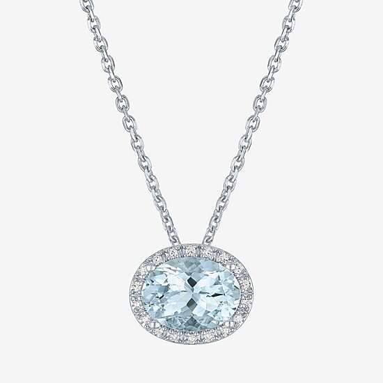 Womens Diamond Accent Genuine Blue Aquamarine Sterling Silver Oval 16 Inch Pendant Necklace