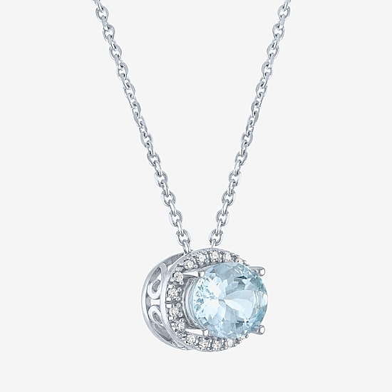 Womens Diamond Accent Genuine Blue Aquamarine Sterling Silver Oval 16 Inch Pendant Necklace