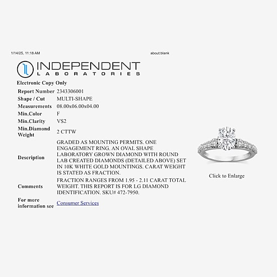 (F / Vs2) Womens 2 CT. T.W. Lab Grown White Diamond 10K Gold Oval Side Stone Engagement Ring