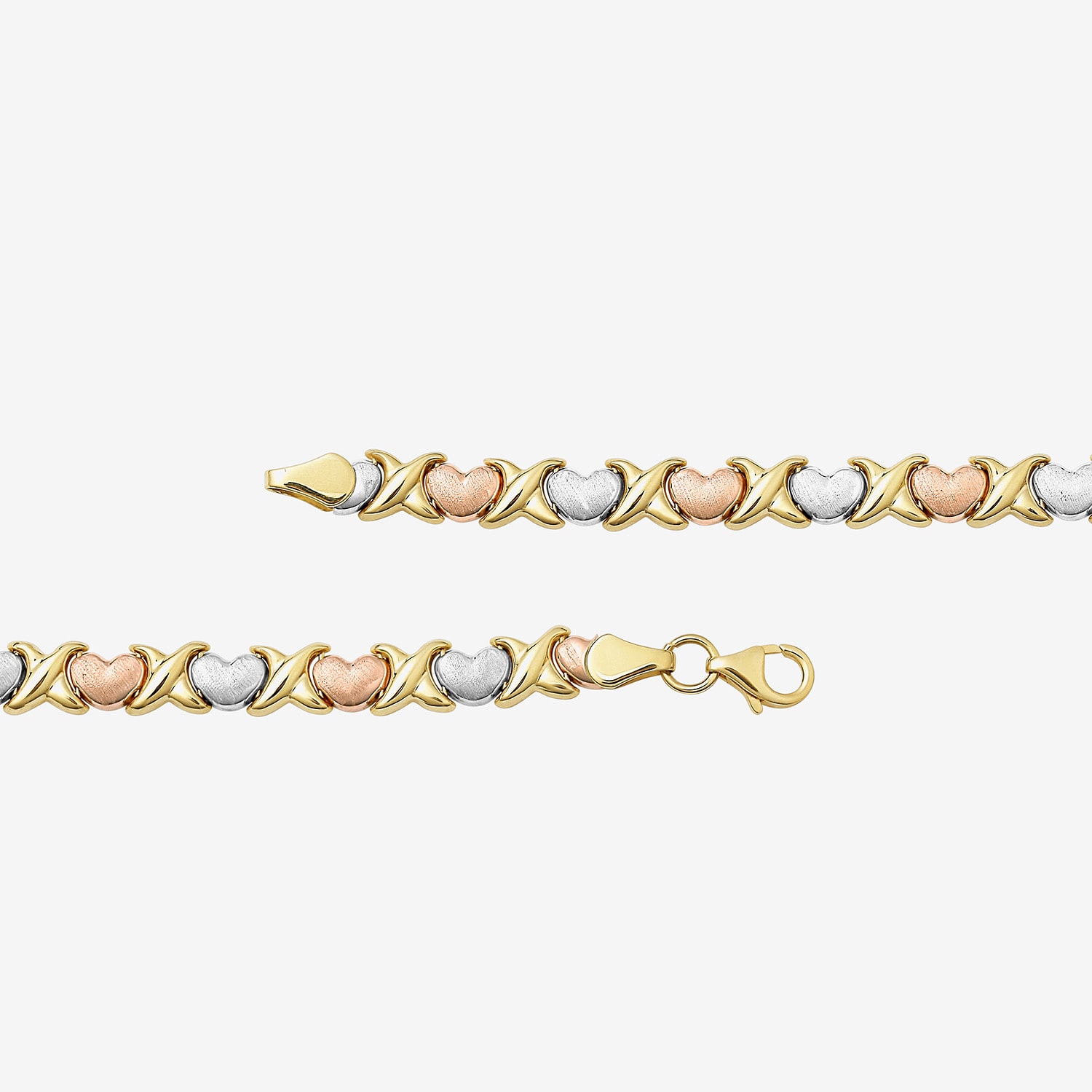 "Hearts & Kisses" Womens 10K Tri-Color Gold Hollow Heart 7.25 Inch Link Bracelet