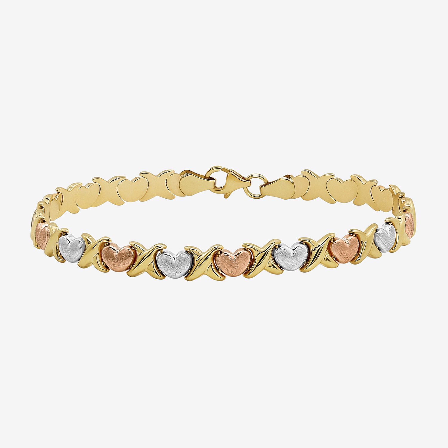 "Hearts & Kisses" Womens 10K Tri-Color Gold Hollow Heart 7.25 Inch Link Bracelet