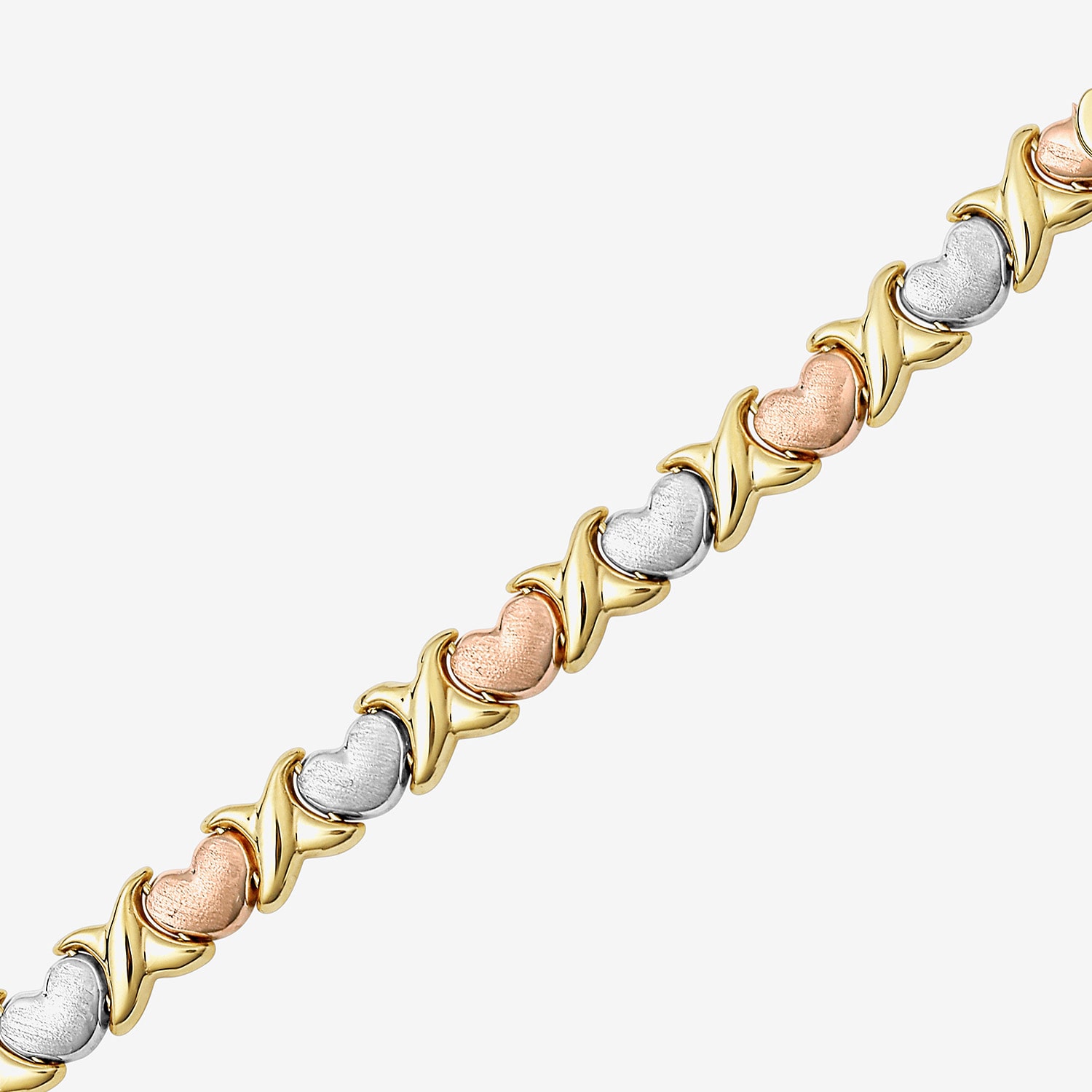 "Hearts & Kisses" Womens 10K Tri-Color Gold Hollow Heart 7.25 Inch Link Bracelet