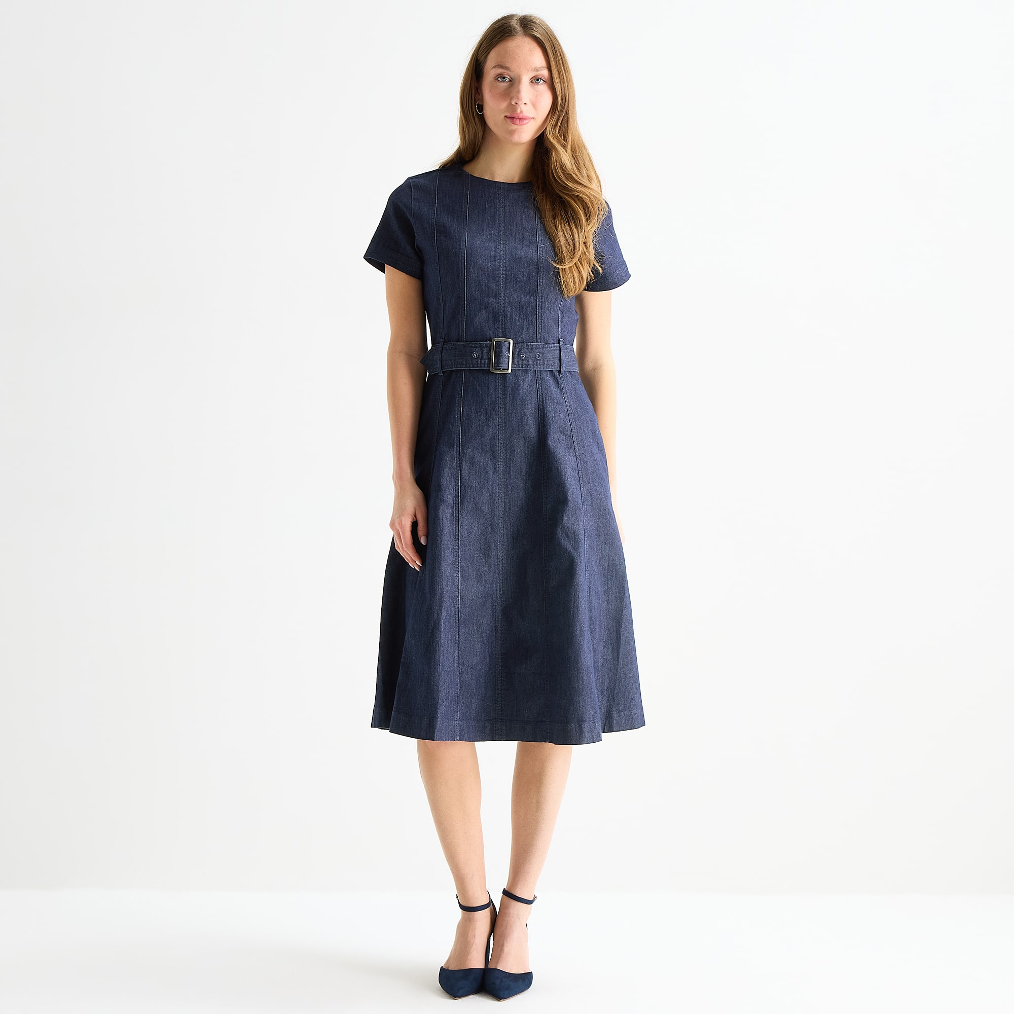 Liz Claiborne Womens Midi Crew Neck Short Sleeve A-Line Dress