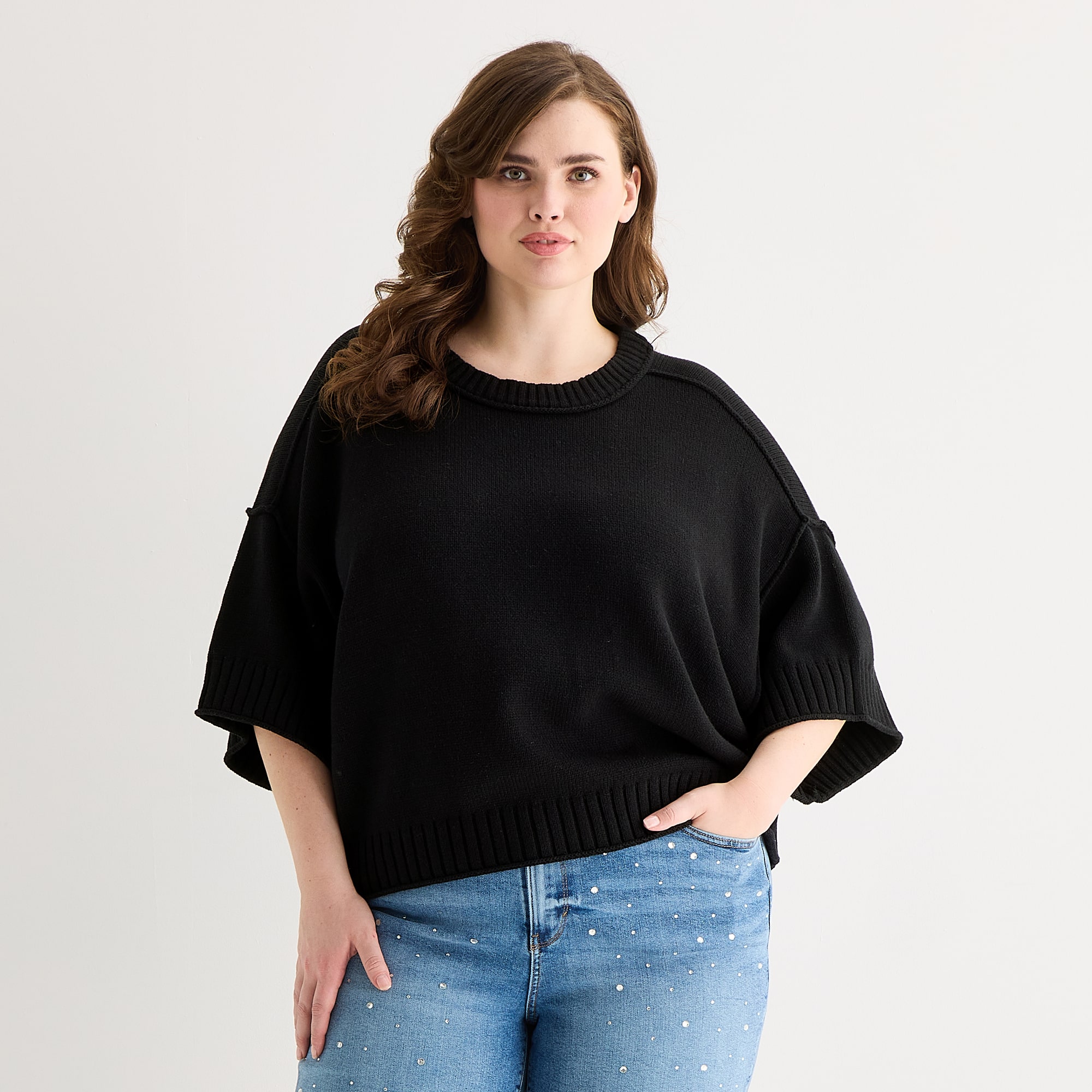 a.n.a Womens Plus Crew Neck Short Sleeve Pullover Sweater