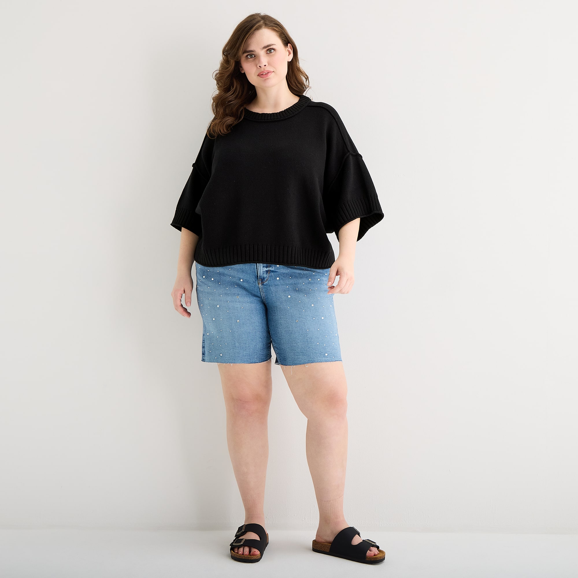 a.n.a Womens Plus Crew Neck Short Sleeve Pullover Sweater